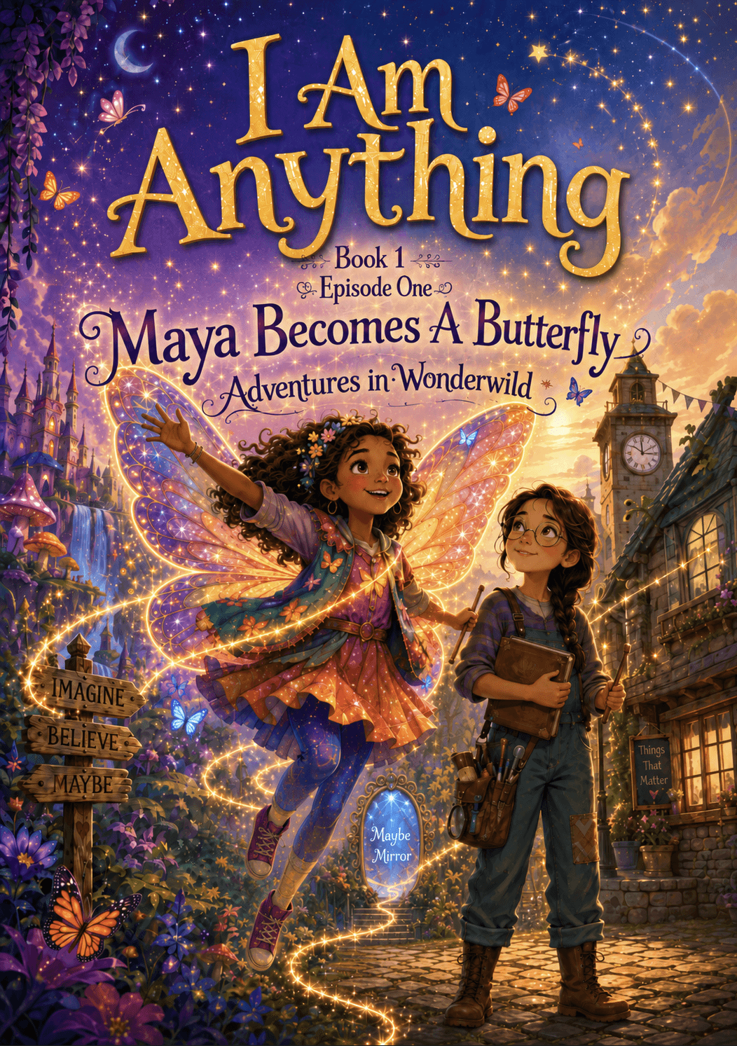 Cover art for Maya Becomes A Butterfly: Maya leaps through a glowing trail of light beside a friend on a lantern-lit path, with the title "I Am Anything, Book 1, Episode One: Maya Becomes A Butterfly, Adventures in Wonderwild."