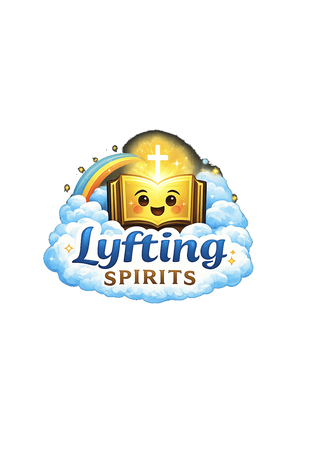 Lyfting Spirits logo featuring an open book, rainbow, clouds, and cross.