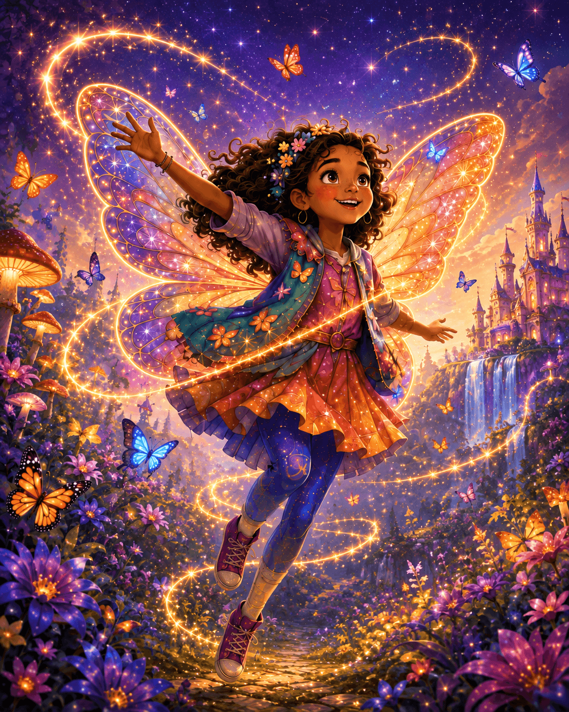 Maya, a young girl with curly hair and glowing butterfly wings, mid-leap in a flower-filled meadow with butterflies swirling around her.
