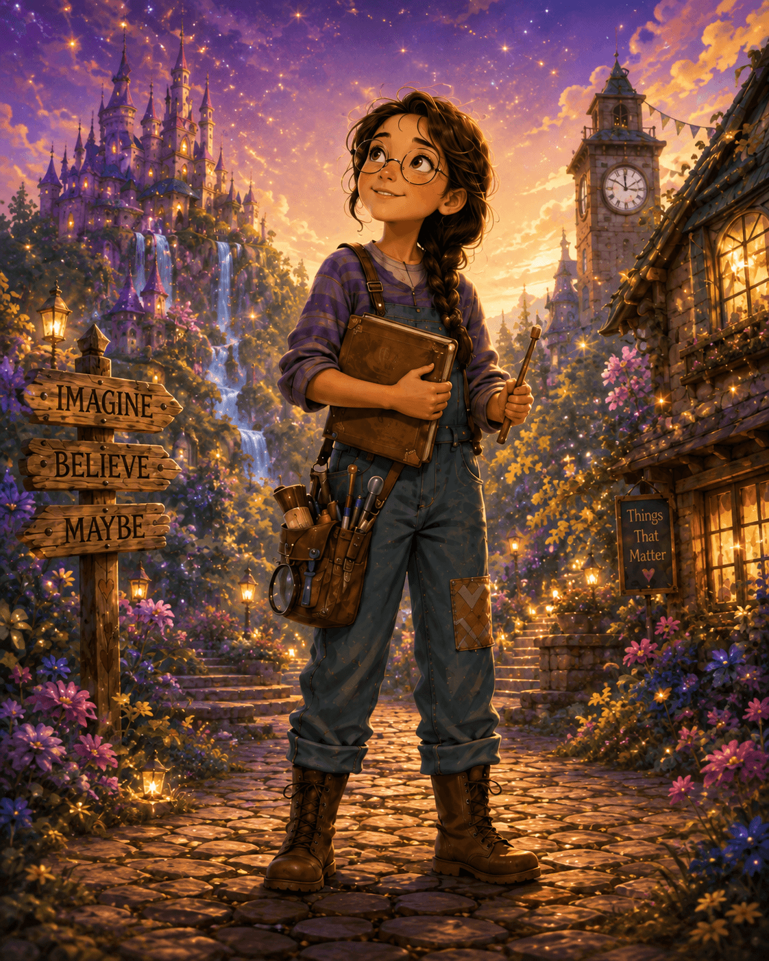 Tessa, a young girl in denim overalls holding a book, standing on a lantern-lit cobblestone street beside signposts reading Imagine, Believe, and Maybe.