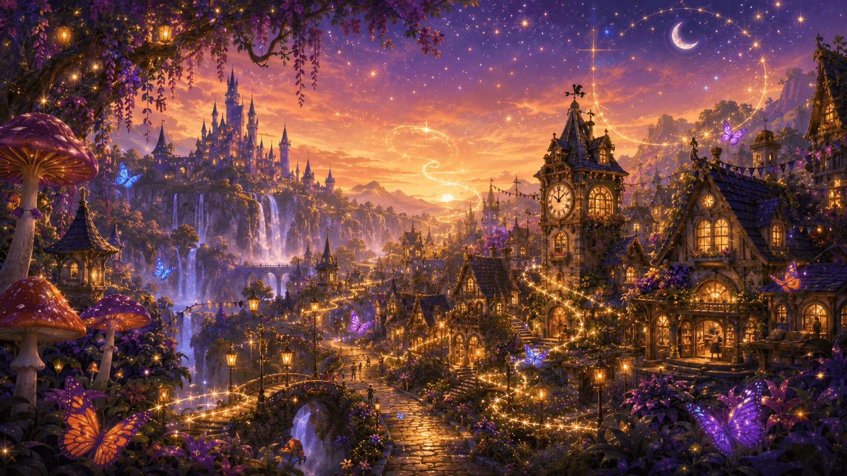 Wonderwild, a glowing storybook village at dusk with a castle, a clock tower, waterfalls, and lantern-lit streets winding through the hills.